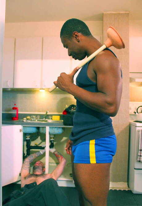 Canadian mature bear Sam Swift and black beefcake Damian Brooks in hard interracial anal sex in the kitchen