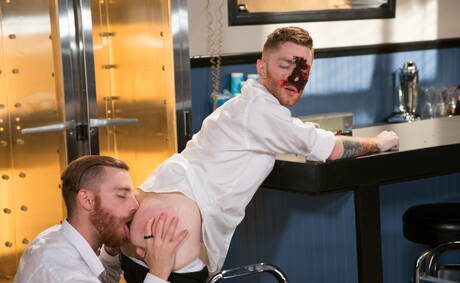 American stars husky guy Sebastian Keys and hairy stud Seamus Oreilly in hot ass fuck action in kitchen