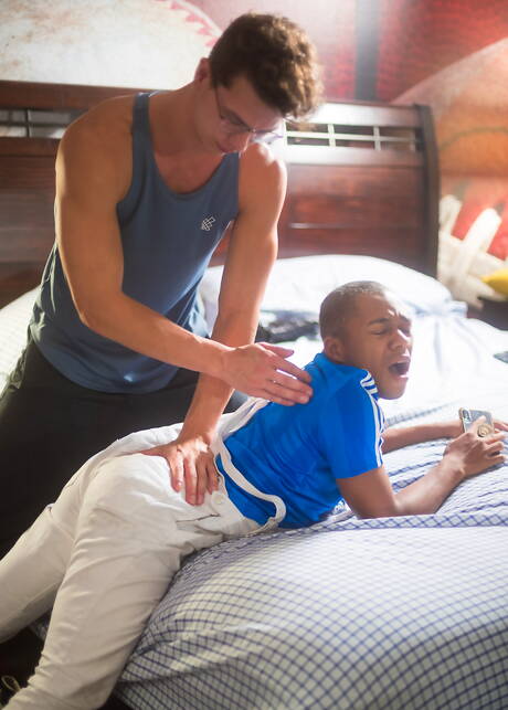 Two american guys young dude Johnny Hands and tough guy Marcell Tykes in interracial butt spanking