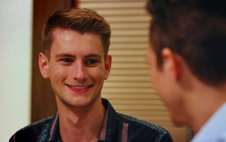 Two american guys young boy Trevor Harris and young boy Jayden Marcos drilling an ass outside