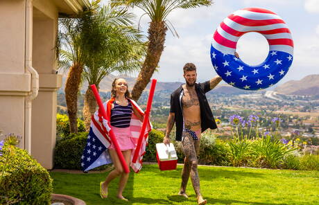 Bisexual orgy in the pool on american national flag