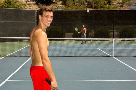 Well-built Brodie and well-built Levi in hot ass fuck action outside