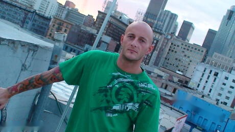 Hunk Ramses and tough guy Stagg in cock sucking scene outside