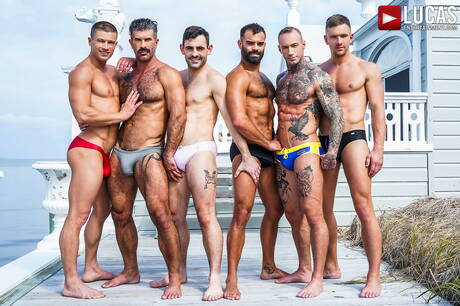Adam Killian, Andrey Vic, Drake Masters, Dylan James, Max Arion, Ruslan Angelo in wild gay orgy outdoor