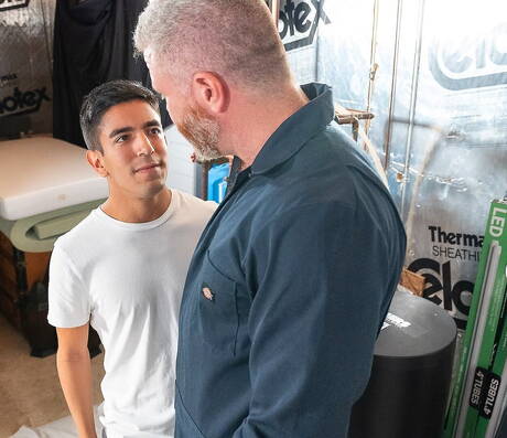 American hairy bear Cain Marko and colombian hot twink Milo Miles have a hot couple sex