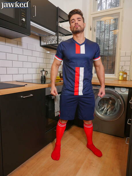 Latin superstud Dann Grey posing nude and showing tight ass in kitchen